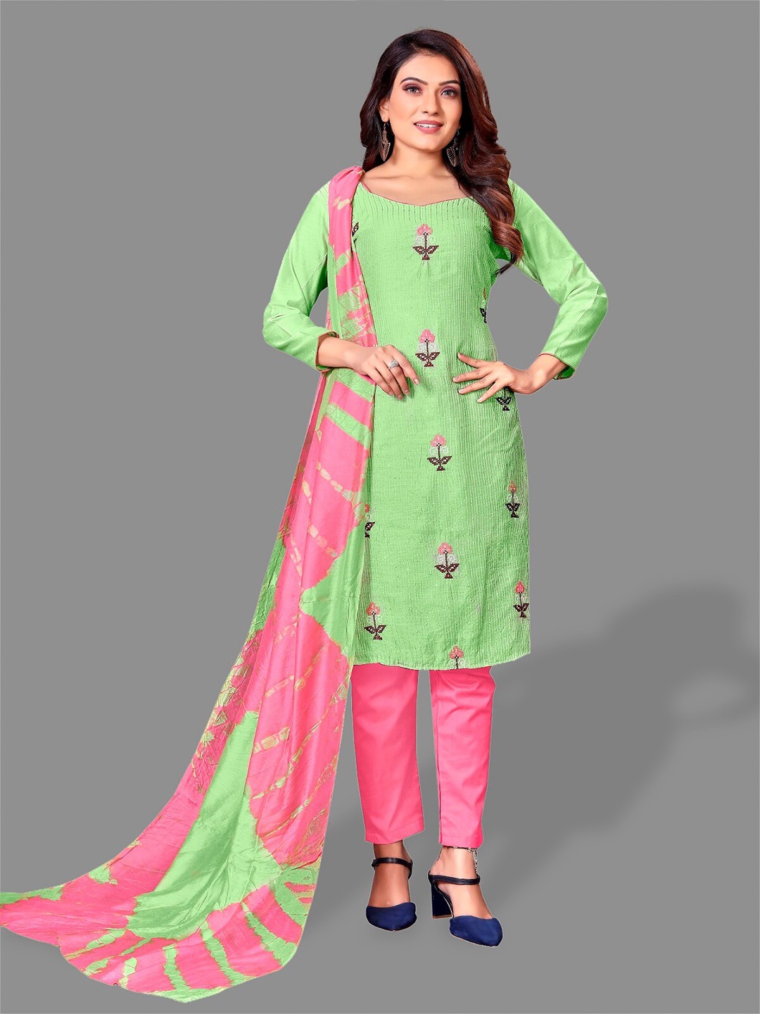 

APNISHA Ethnic Motifs Embroidered Unstitched Dress Material, Lime green