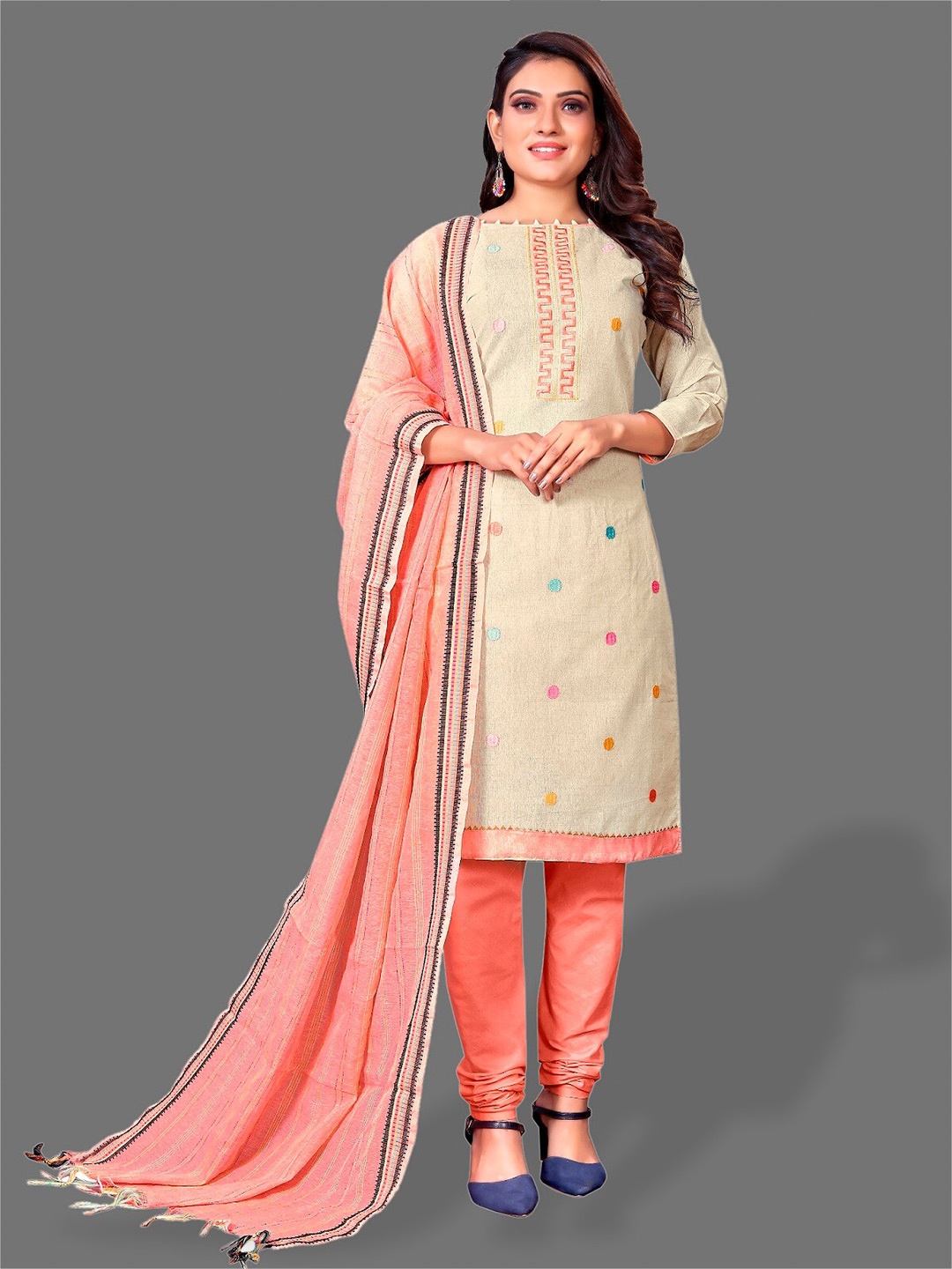 

APNISHA Polka Dots Printed Unstitched Dress Material, Peach