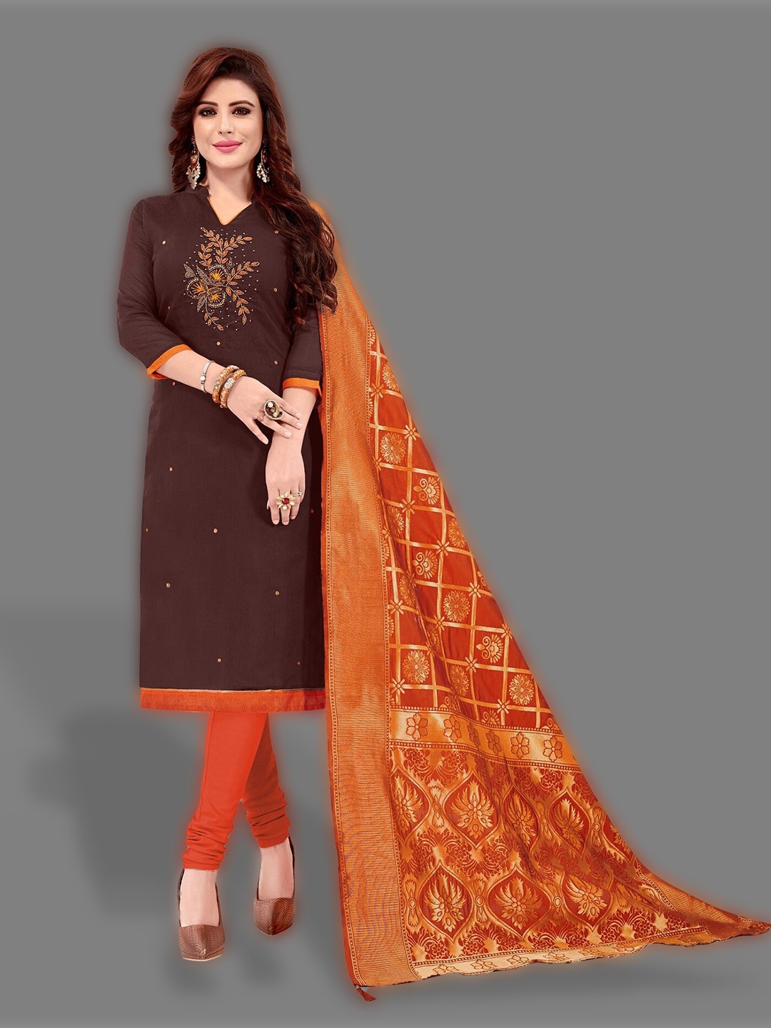 

APNISHA Embroidered Unstitched Dress Material, Coffee brown