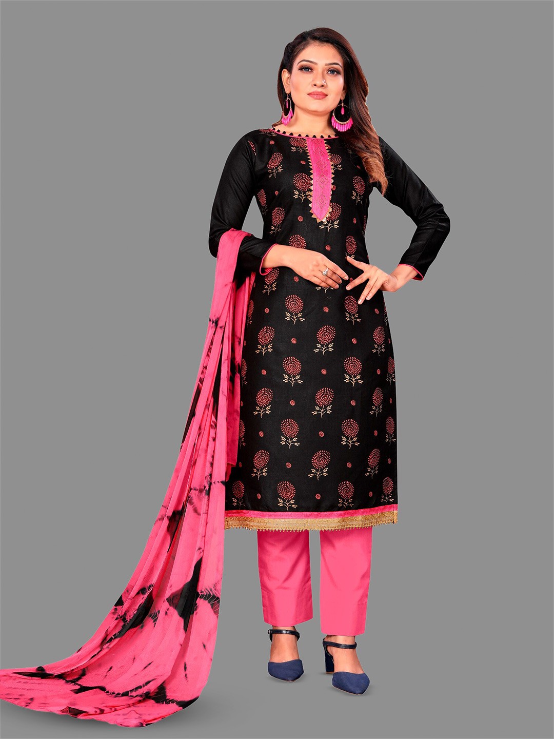 

APNISHA Ethnic Motifs Printed Unstitched Dress Material, Black