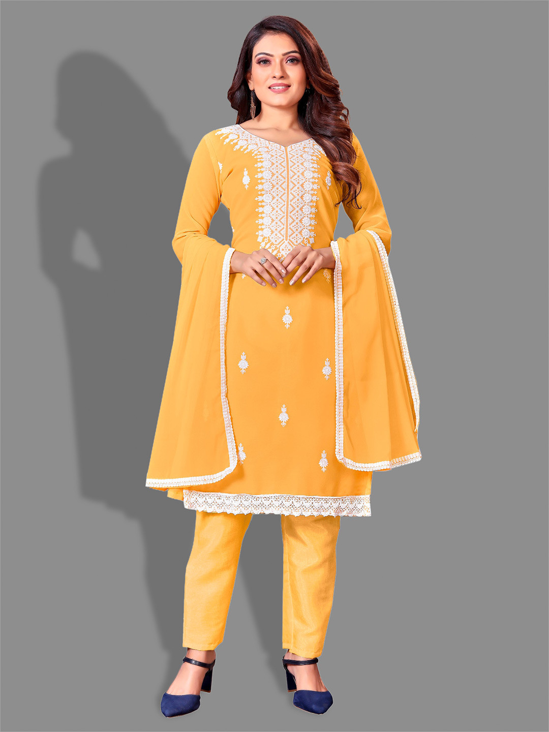 

APNISHA Floral Embroidered Unstitched Dress Material, Yellow