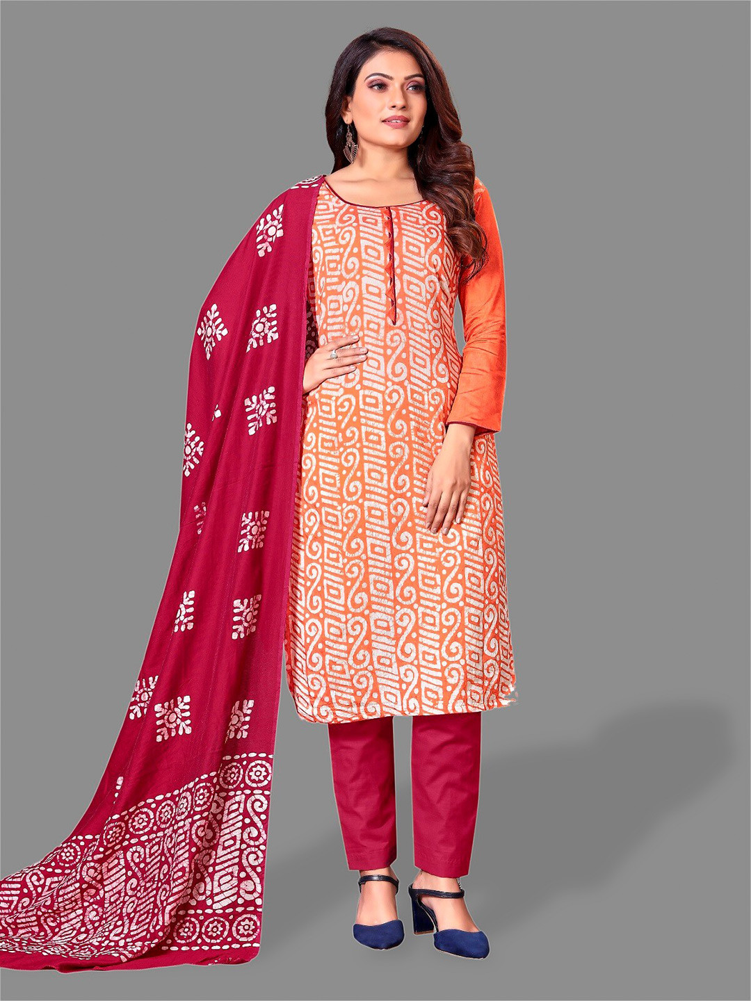 

APNISHA Printed Unstitched Dress Material, Orange