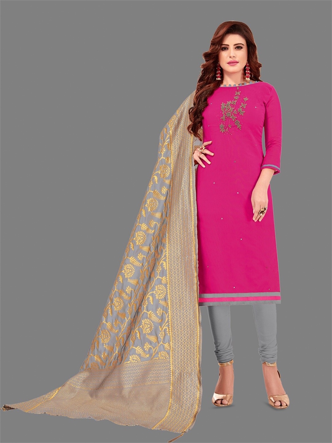 

APNISHA Floral Embroidered Pure Cotton Unstitched Dress Material, Pink