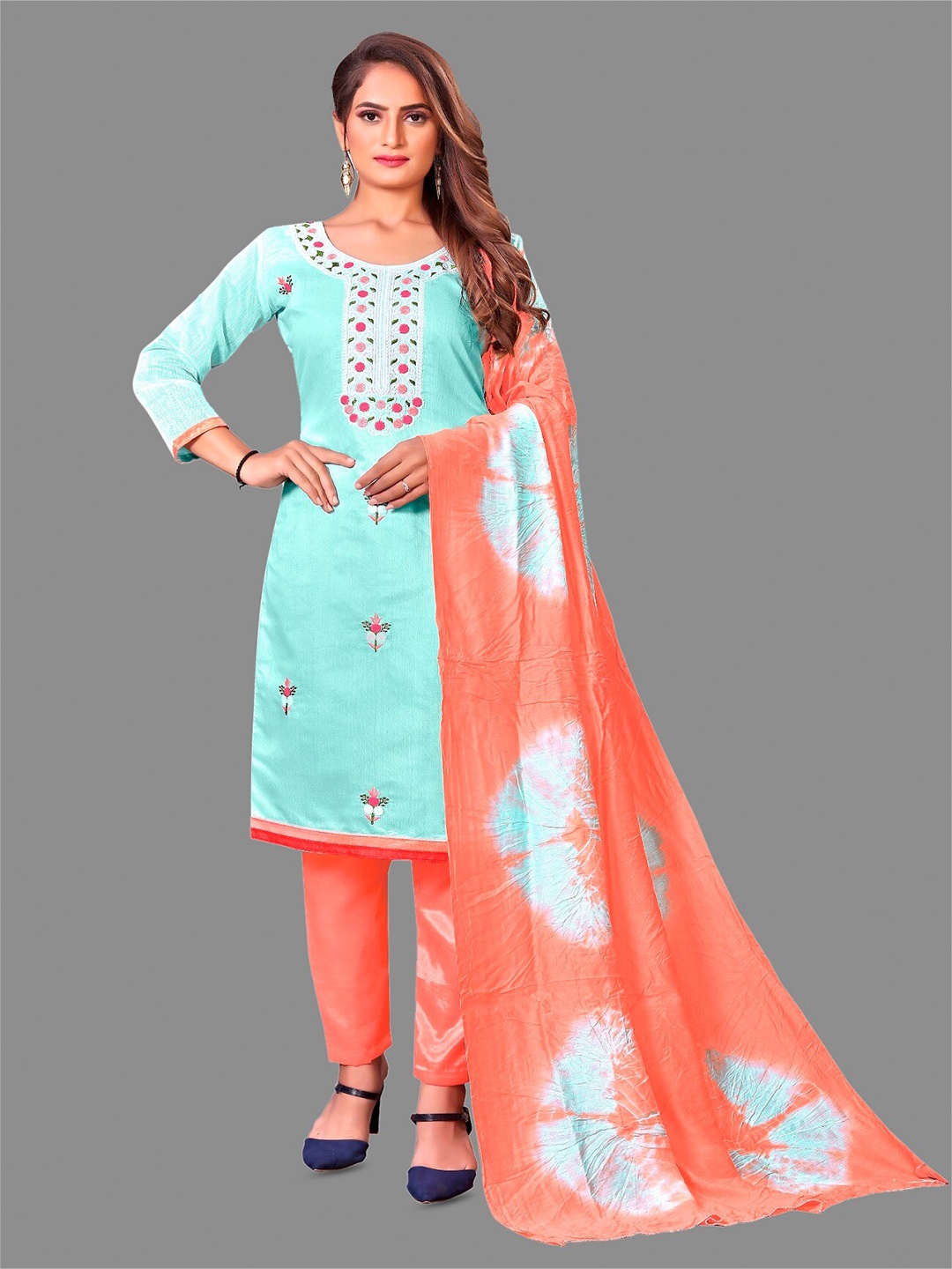 

APNISHA Floral Embroidered Unstitched Dress Material, Sea green