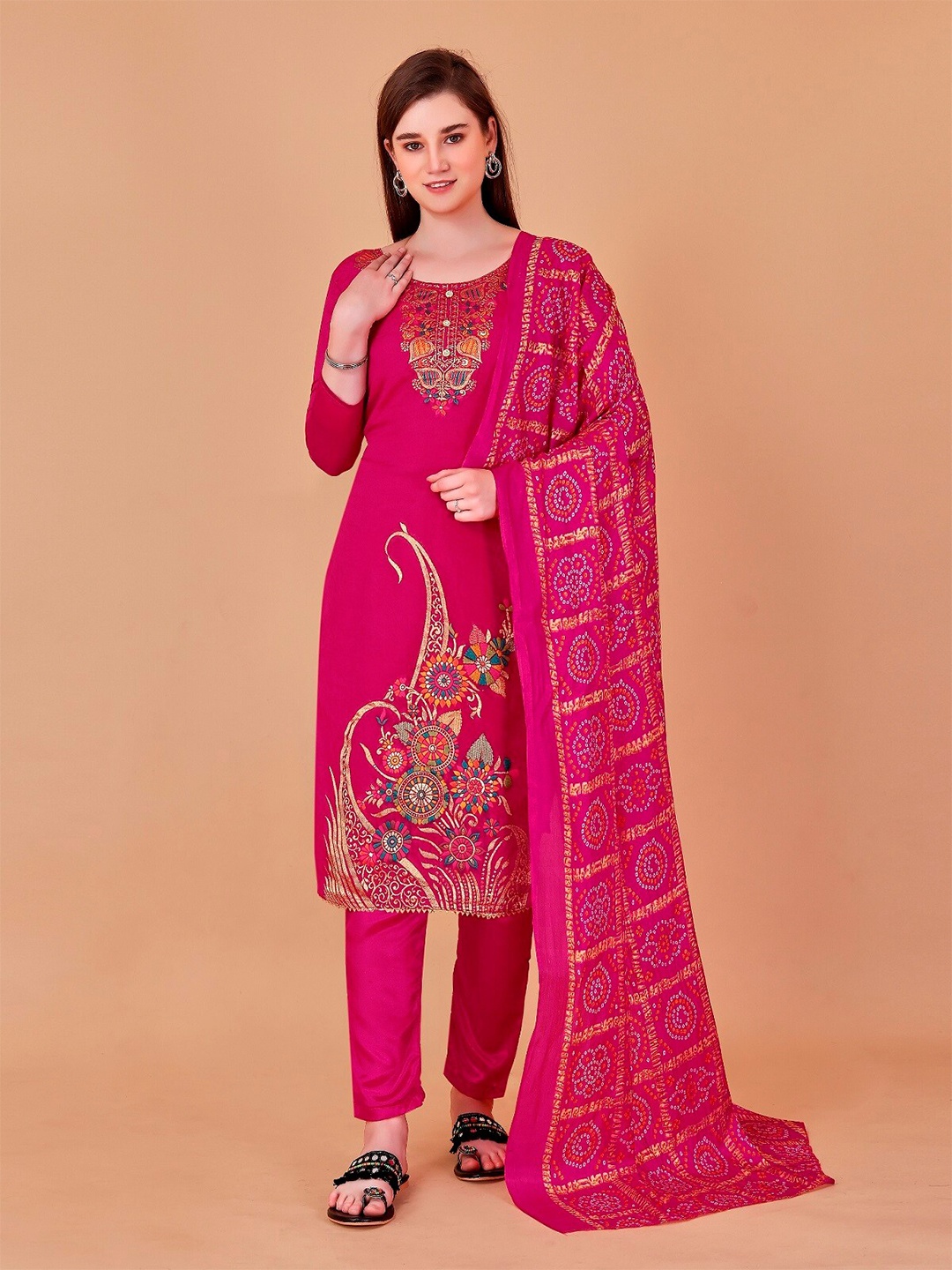 

APNISHA Ethnic Motifs Embroidered Unstitched Dress Material, Pink