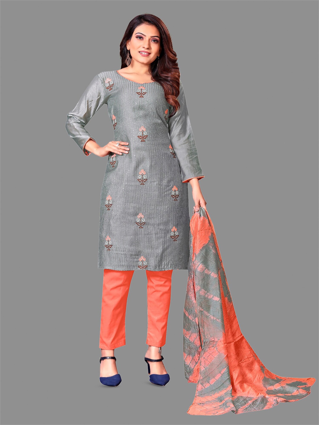 

APNISHA Sequinned Embroidered Unstitched Dress Material, Grey