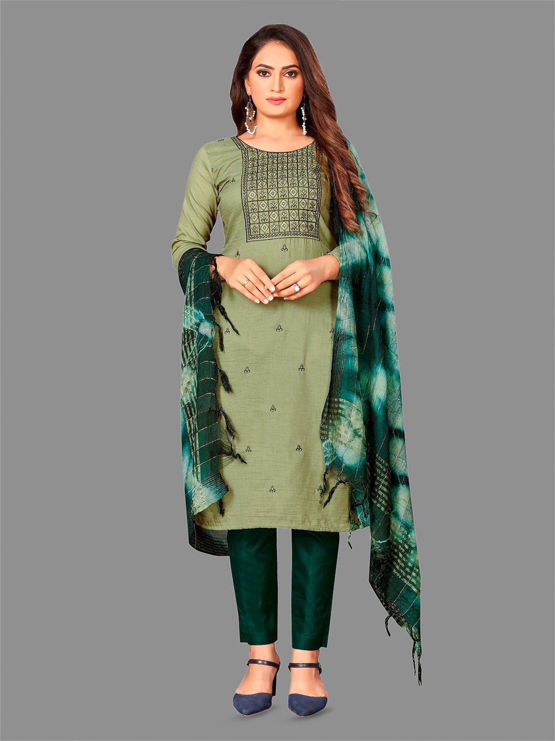 

APNISHA Ethnic Motifs Embroidered Unstitched Dress Material, Olive