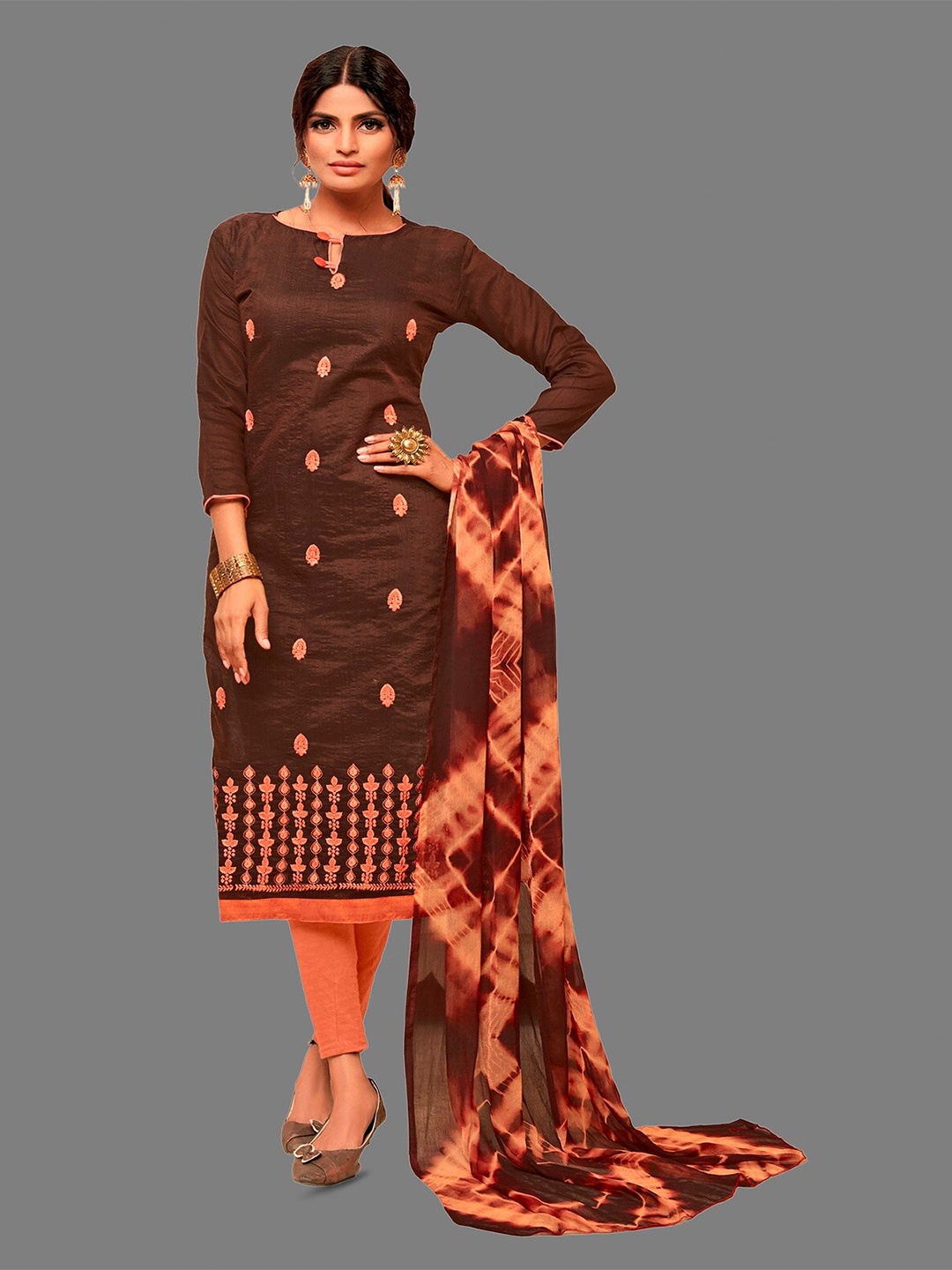 

APNISHA Embroidered Unstitched Dress Material, Brown