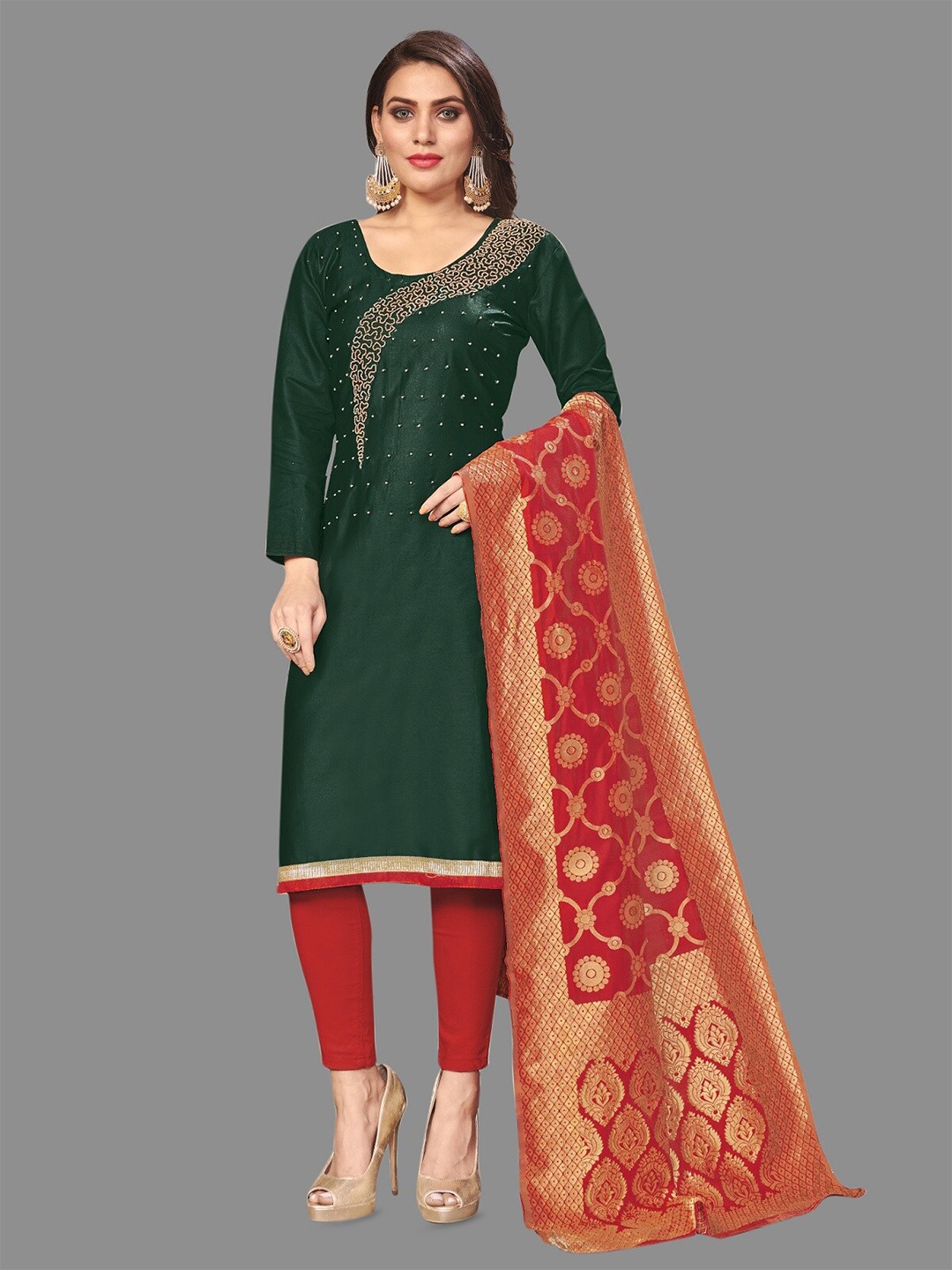 

APNISHA Embroidered Beads & Stones Pure Cotton Unstitched Dress Material, Green