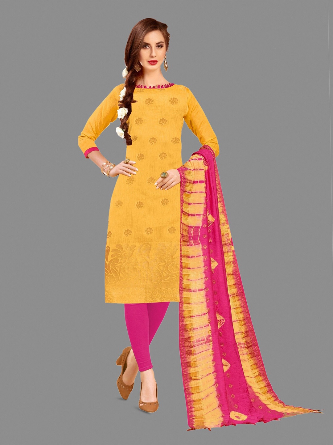 

APNISHA Woven Design Pure Cotton Unstitched Dress Material, Yellow