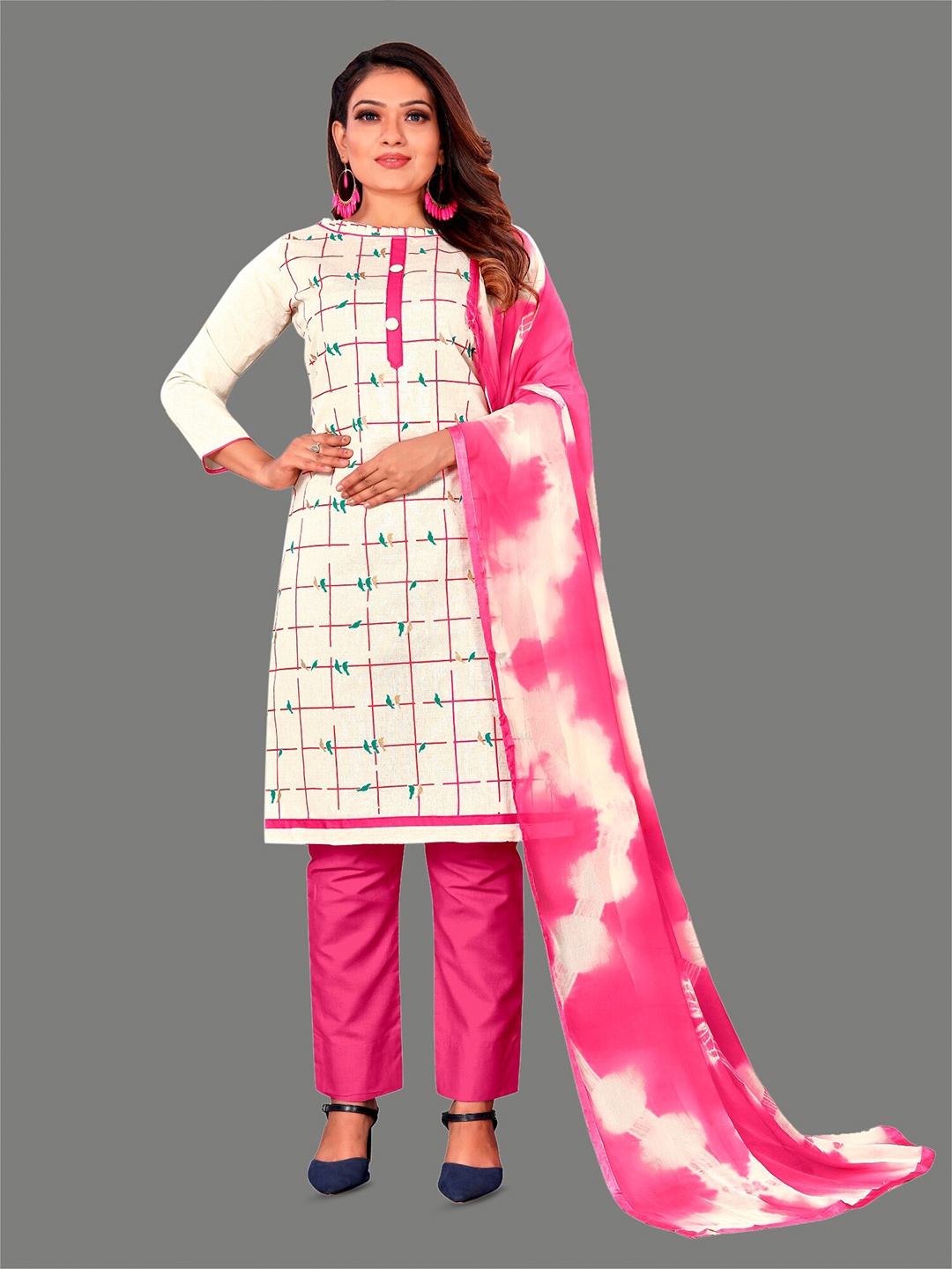 

APNISHA Checked Pure Cotton Unstitched Dress Material, Pink