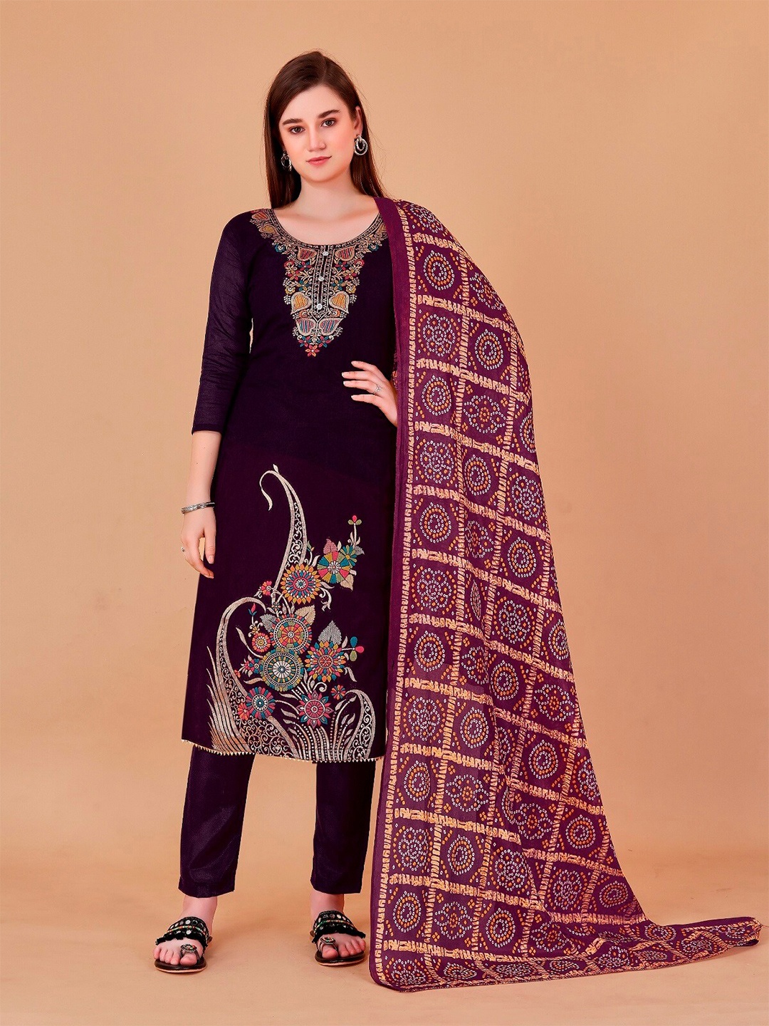 

APNISHA Ethnic Motifs Embroidered Pure Cotton Semi-Stitched Dress Material, Purple