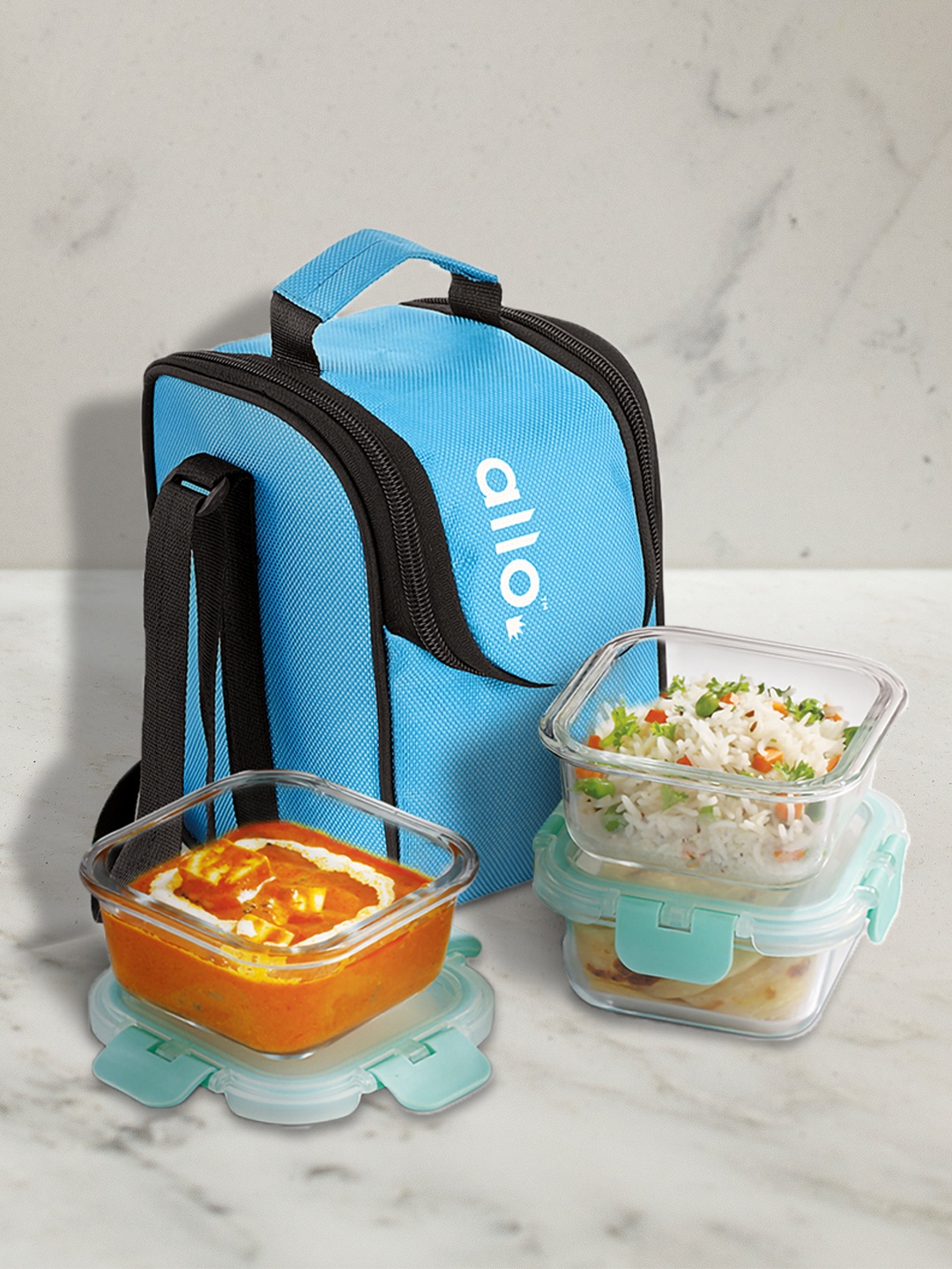 

Allo FoodSafe Glass Lunch Box with Microwave Oven Safe & Sky Blue Bag (310ml x 3)