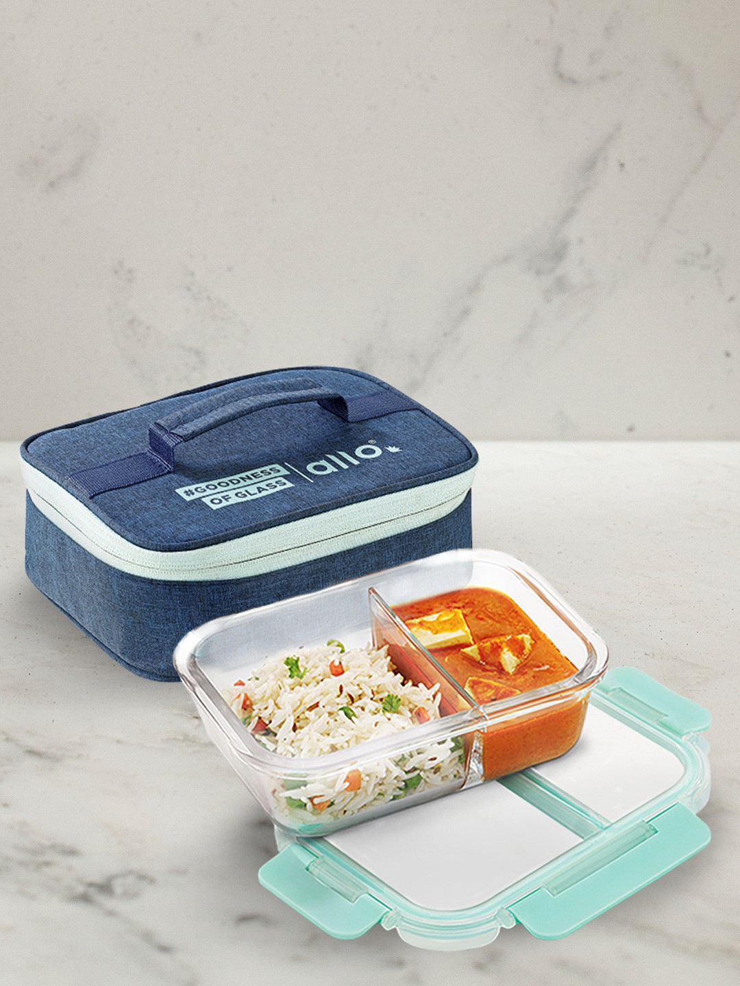 

Allo FoodSafe Microwave Safe Divider Glass Lunch Box with Lock (Denim Blue, 1000ml)