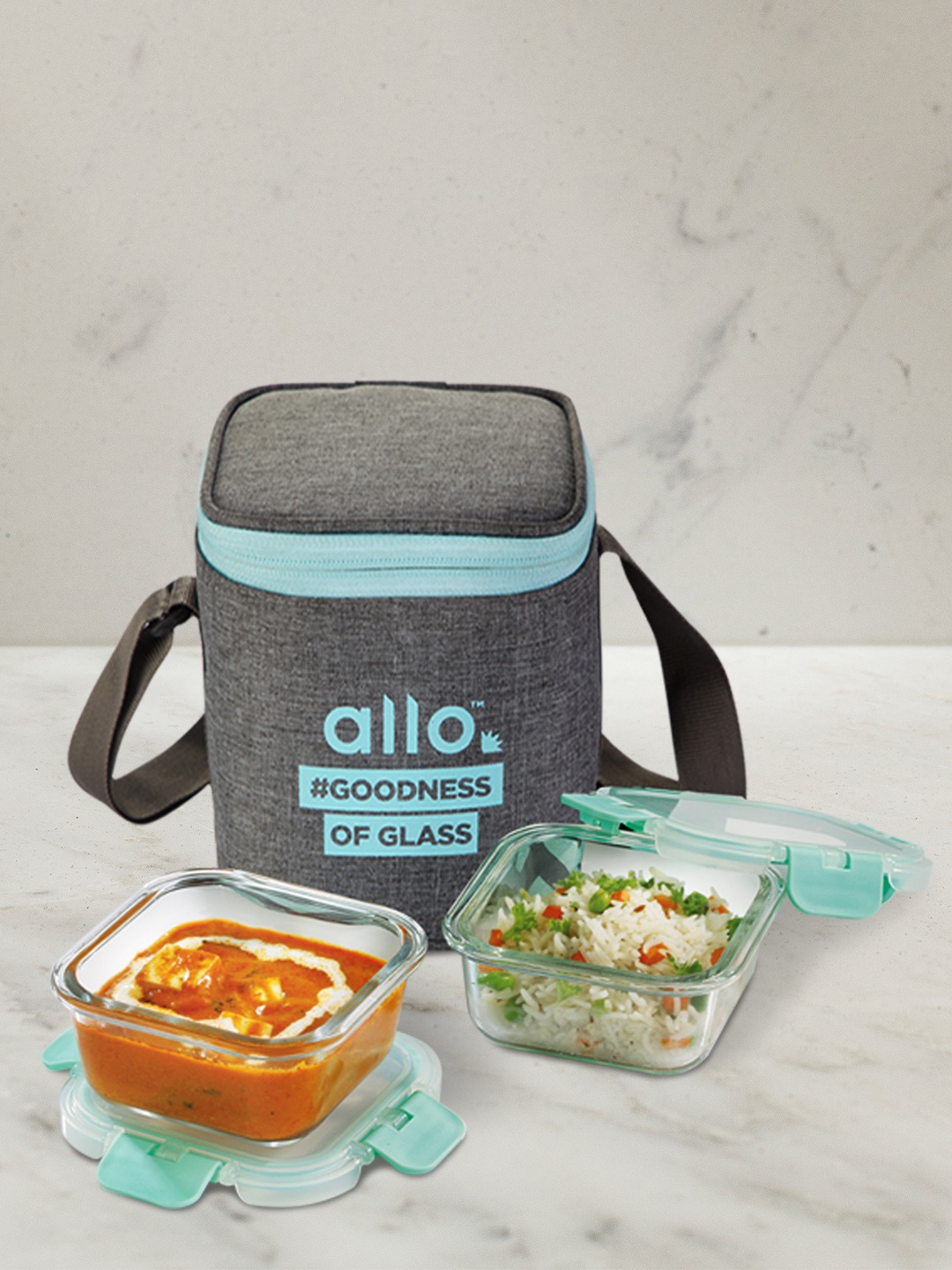 

Allo Microwave Oven Safe Lunch Box With Detachable Lock with Canvas Grey Bag (310ml x 2), Green