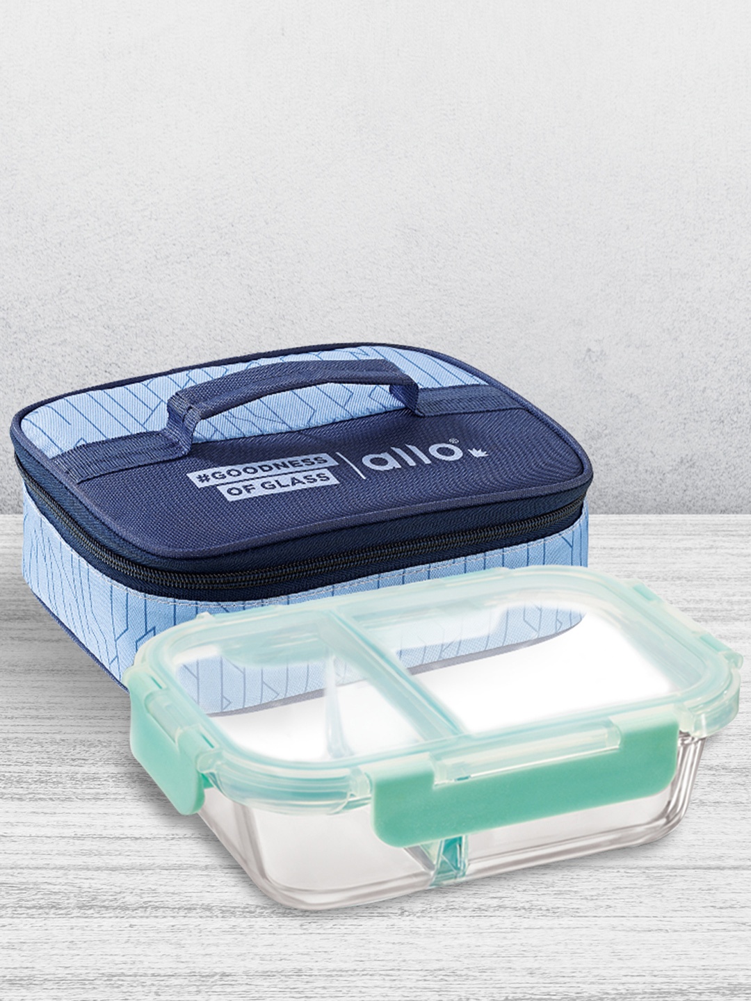 

Allo FoodSafe Microwave Safe Divider Glass Lunch Box with Lock (Space Blue, 580ml)