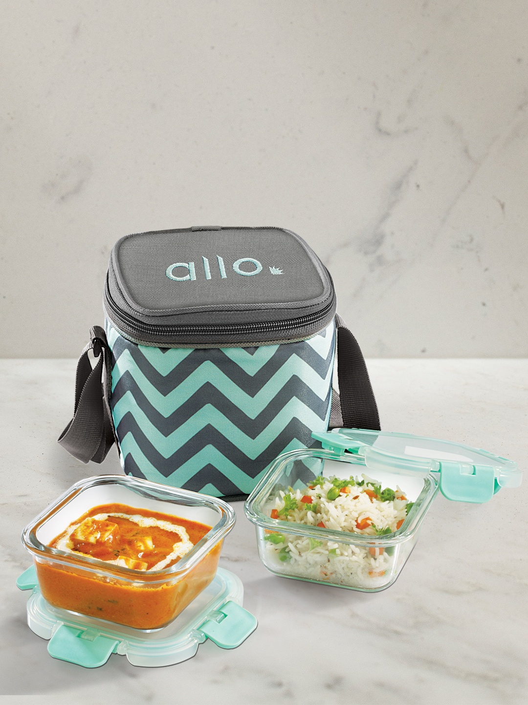 

Allo Microwave Oven Safe Lunch Box with Detachable Lock with Chevron Mint Bag (310ml X 2), Green
