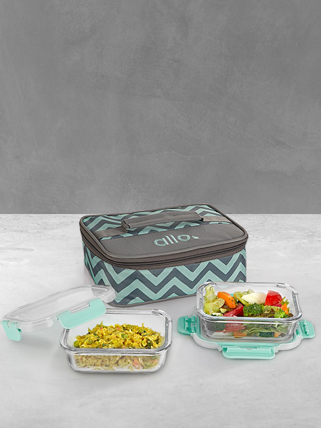 

Allo Microwave Safe Divider Glass Lunch Box with Lock (Chevron Mint, 370ml x 2), Green