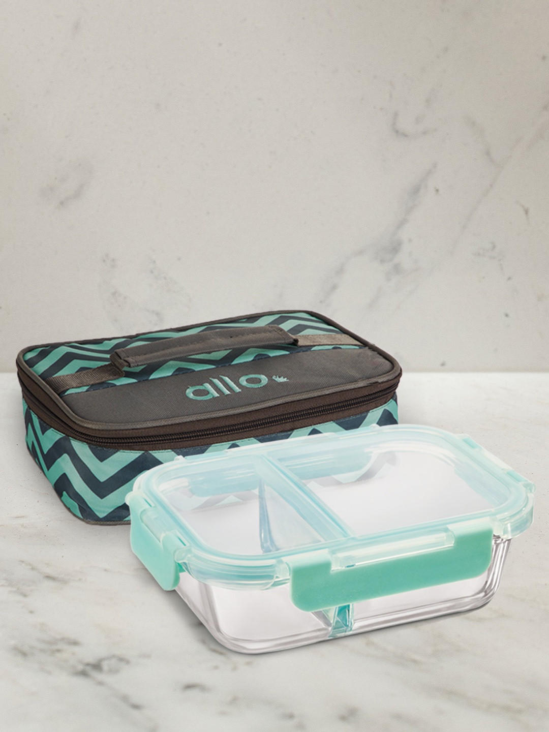 

Allo FoodSafe Microwave Safe Divider Glass Lunch Box with Lock (Chevron Mint, 580ml), Green