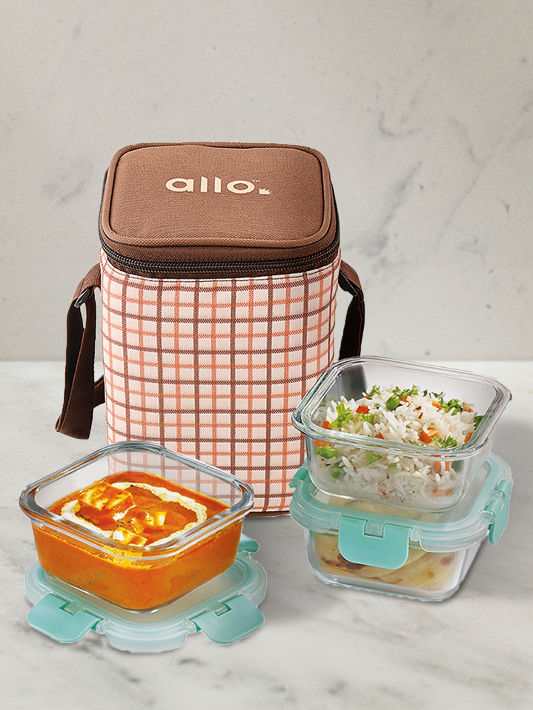 

Allo Glass Lunch Box Microwave Safe With Detachable Lock and Cocoa Brown Bag (310ml x 3), Grey