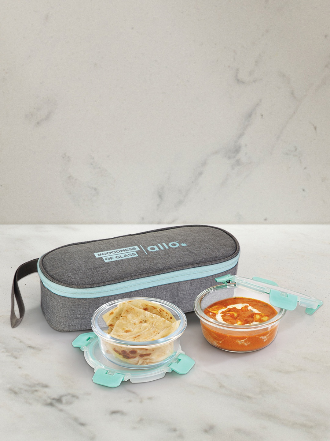 

Allo Microwave Oven Safe Lunch Box With Detachable Lock With Canvas Grey Bag (390ml x 2), Green