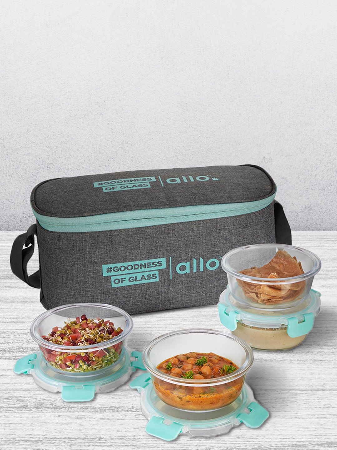 

Allo Microwave Safe Glass Lunch Box with Detachable Lock with Canvas Grey Bag (390ml x 4), Green
