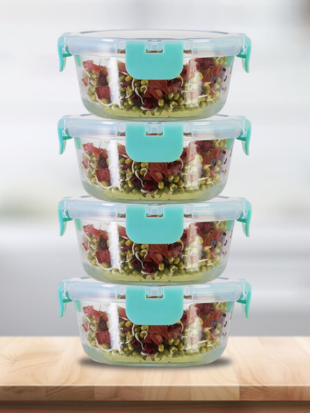 

Allo FoodSafe Microwave Safe Glass Containers for Fridge Storage (390ml x 4), Round, Green