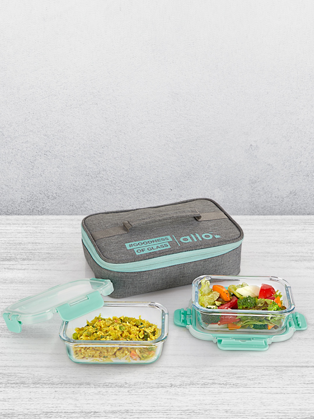 

Allo FoodSafe Microwave Safe Divider Glass Lunch Box with Lock (Canvas Grey, 370ml x 2), Green