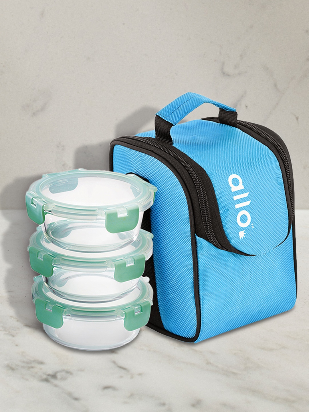 

Allo Microwave Safe Glass Lunch Box with Detachable Lock with Sky Blue Bag (390ml x 3)