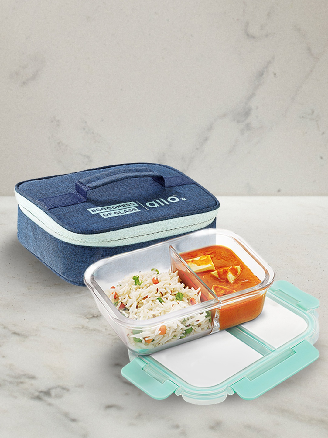 

Allo FoodSafe Microwave Safe Divider Glass Lunch Box with Lock (Denim Blue, 580ml), Green