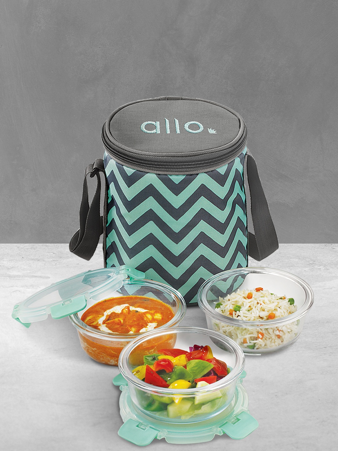 

Allo Microwave Safe Glass Lunch Box with Detachable Lock with Chevron Mint Bag (390ml x 3), Green