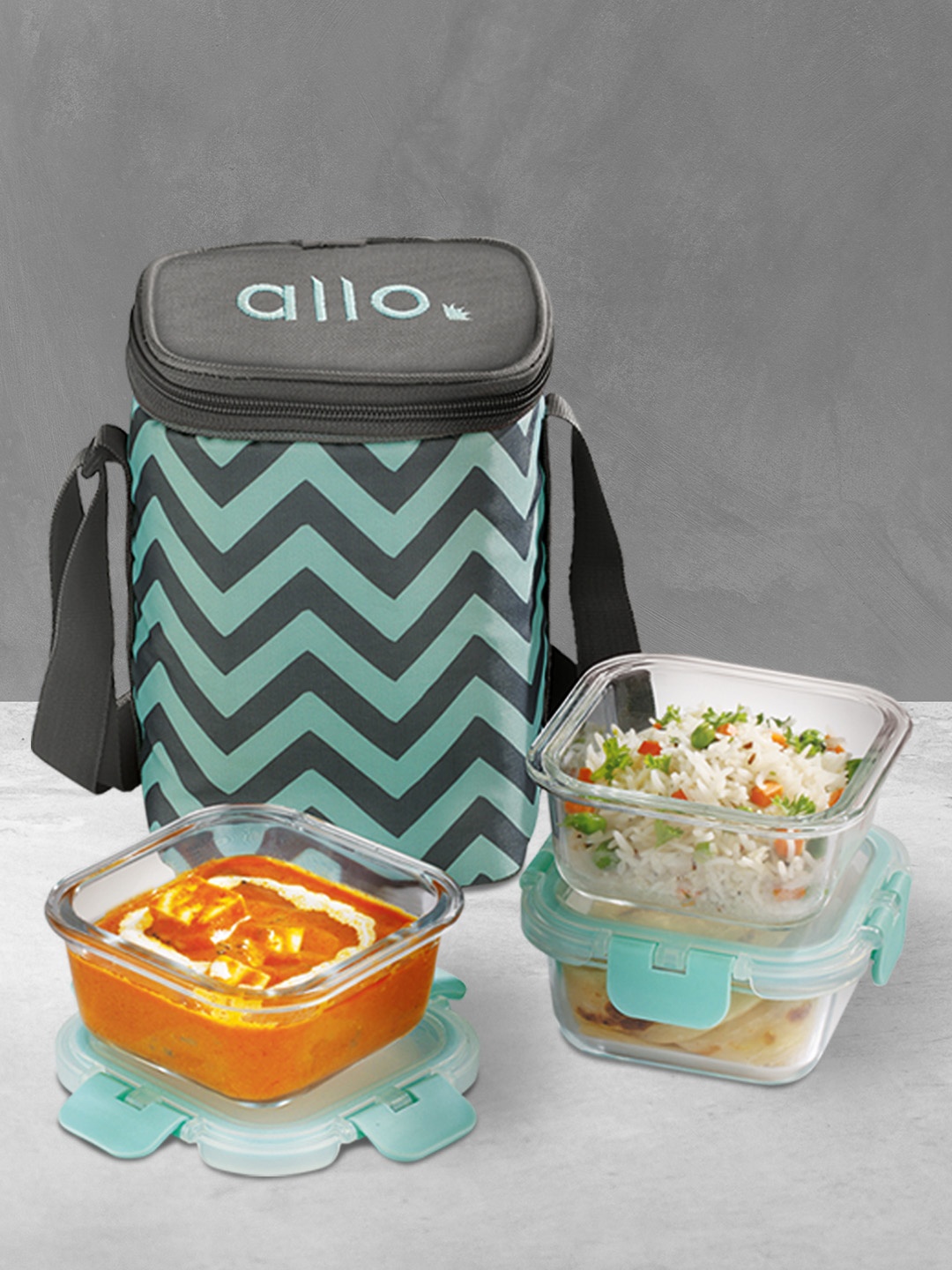 

Allo Microwave Oven Safe Lunch Box With Detachable Lock With Chevron Mint Bag (310ml x 3), Green