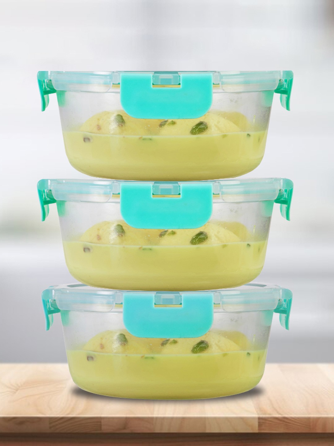

Allo FoodSafe Microwave Safe Glass Containers for Fridge Storage (635ml x 3), Round, Green