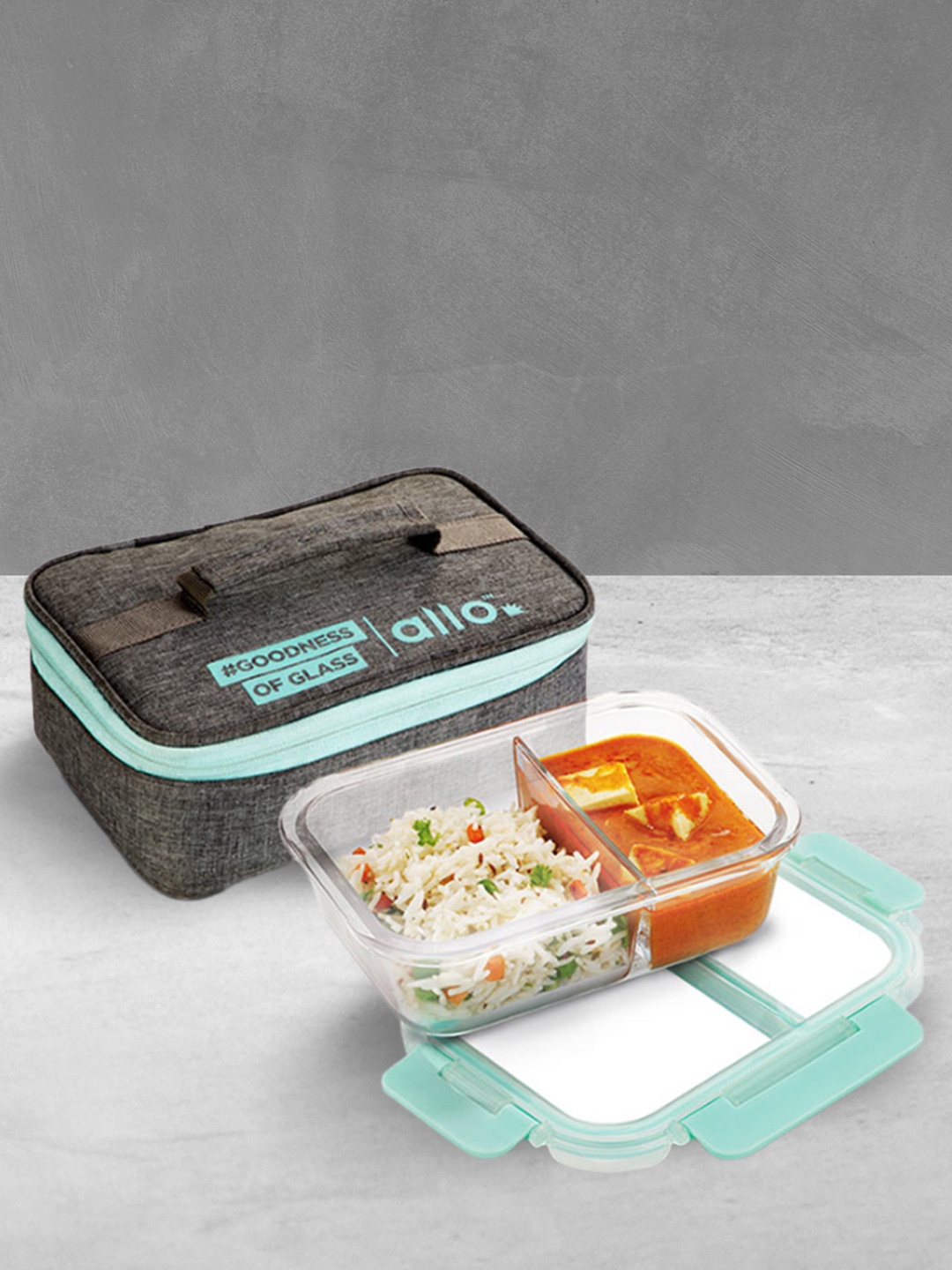 

Allo FoodSafe Microwave Safe Divider Glass Lunch Box with Lock (Canvas Grey, 1000ml), Green