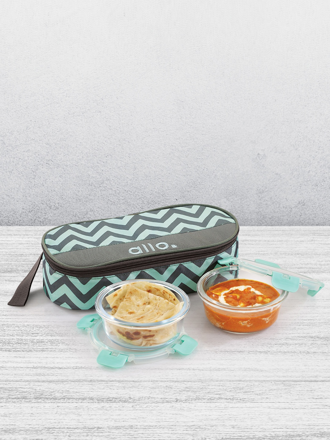 

Allo Microwave Oven Safe Lunch Box with Detachable Lock with Chevron Mint Bag (390ml X 2), Green