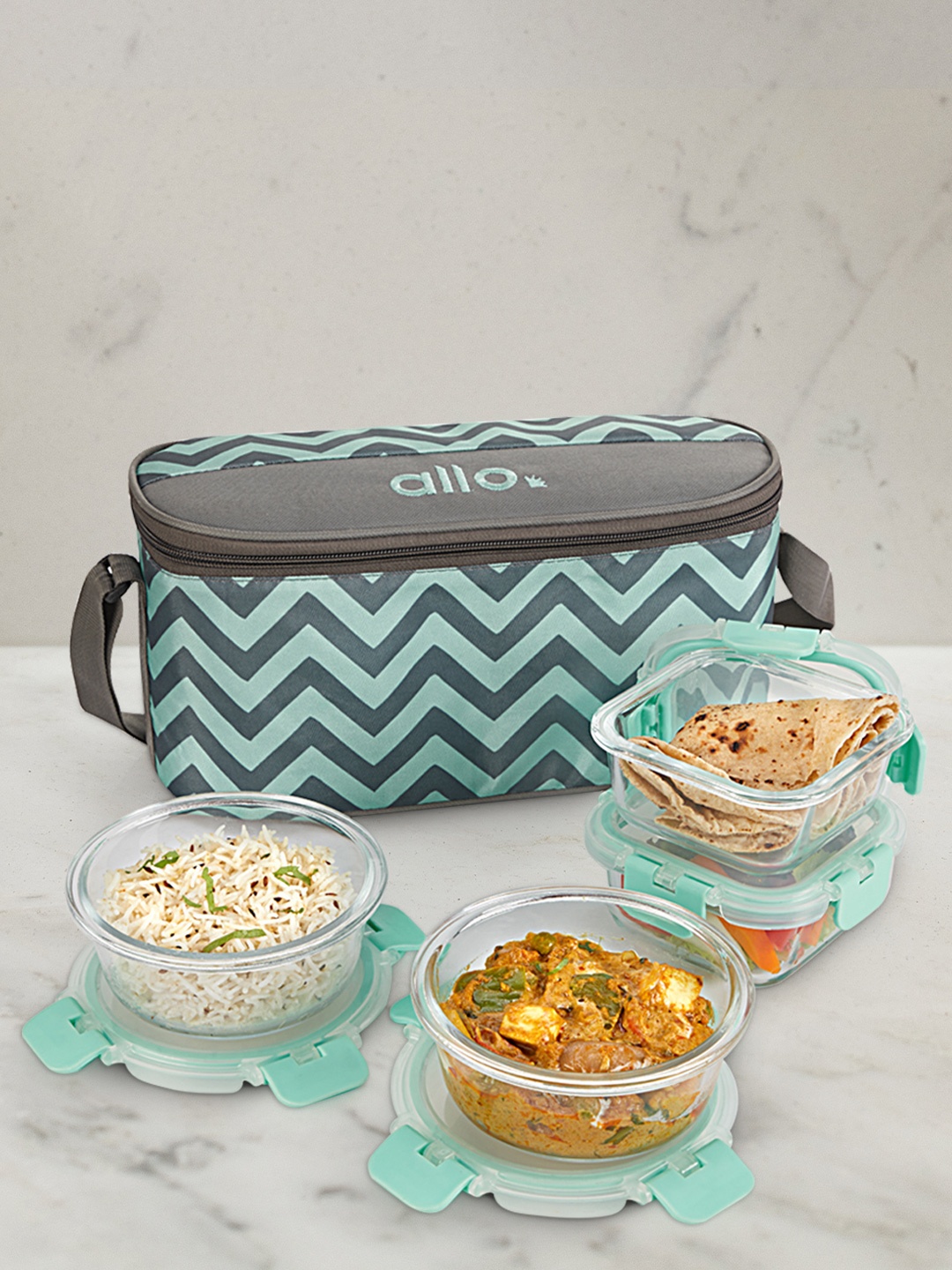 

Allo FoodSafe Microwave Safe Glass Lunch Box with Chevron Mint Bag (310ml x 2, 390ml x 2), Green