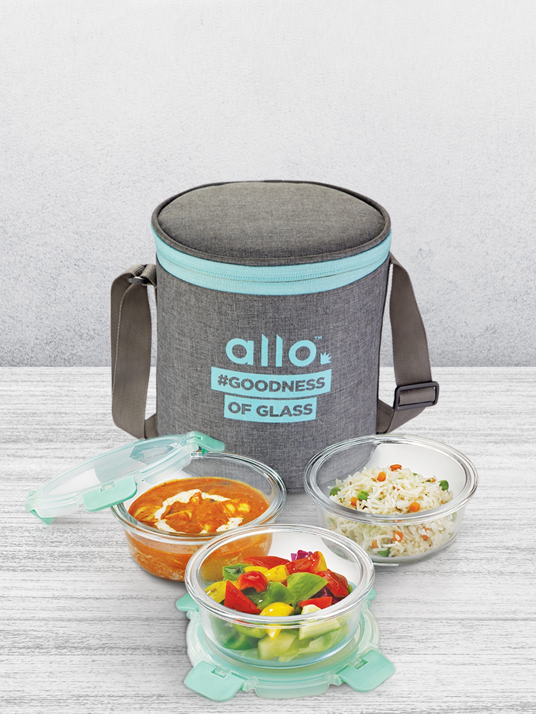 

Allo Microwave Safe Glass Lunch Box with Detachable Lock with Canvas Grey Bag (390ml x 3), Green