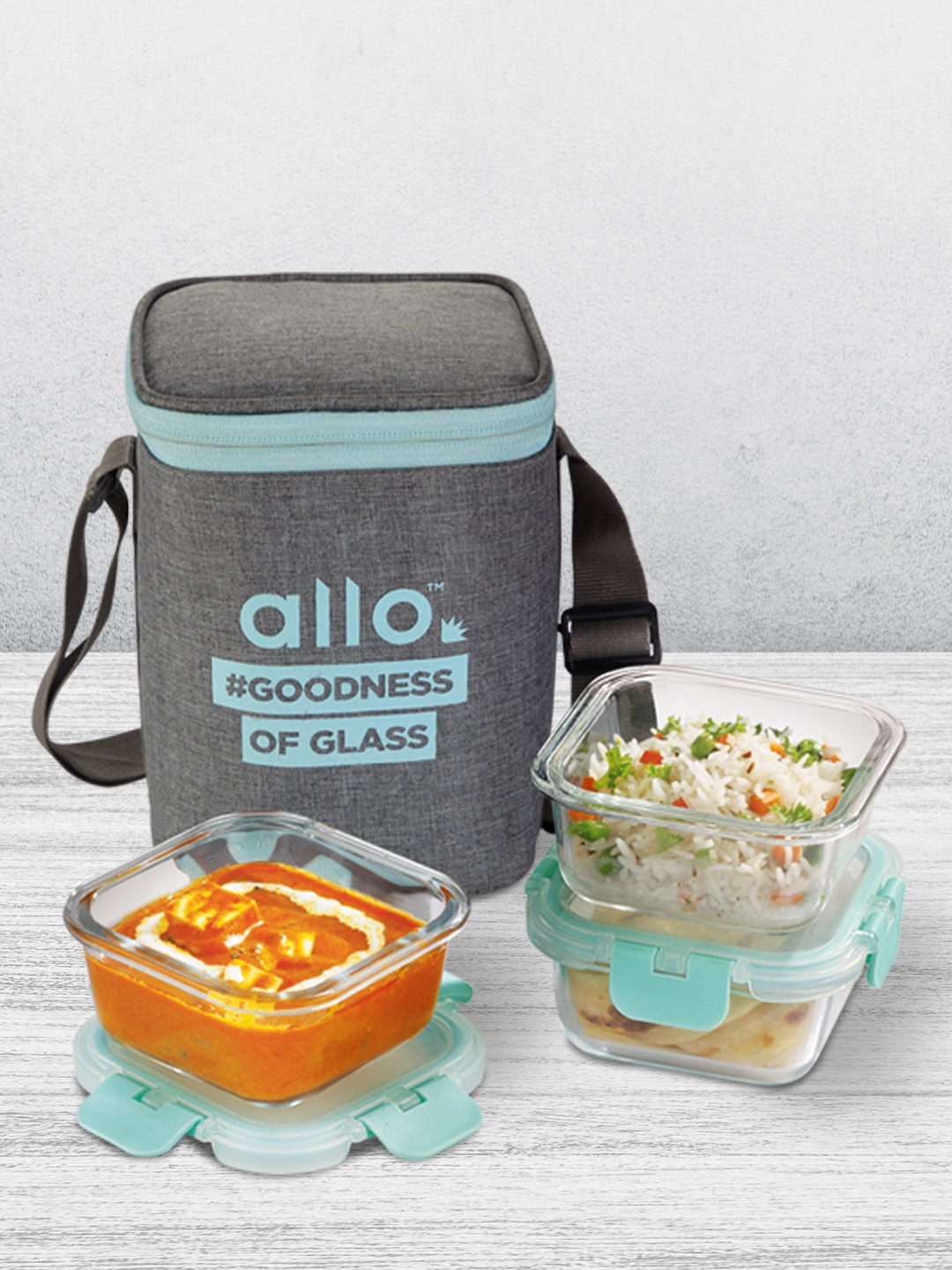 

Allo Microwave Oven Safe Lunch Box with Detachable Lock with Canvas Grey Bag (310ml X 3)
