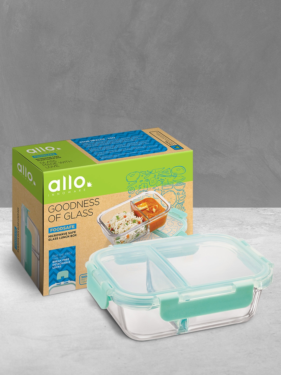 

Allo FoodSafe Microwave Safe Divider Glass Lunch Box with Detachable Lock, 580ml, Green