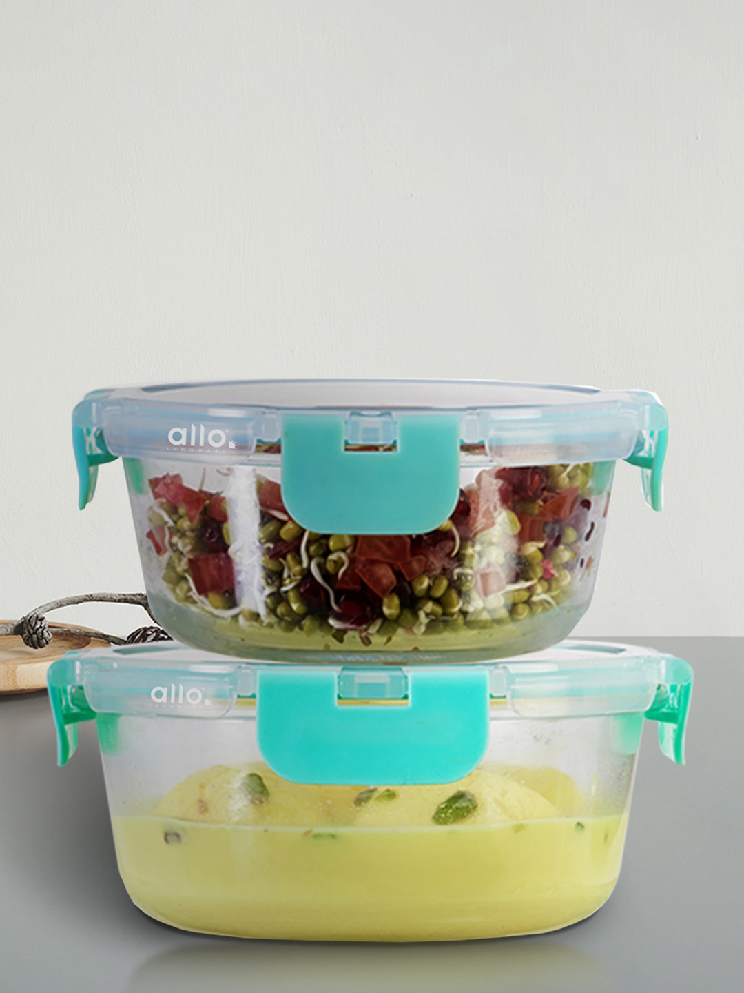 

Allo FoodSafe 2pc Microwave Safe Fridge Storage Round Glass Containers (390ml & 635ml), Green