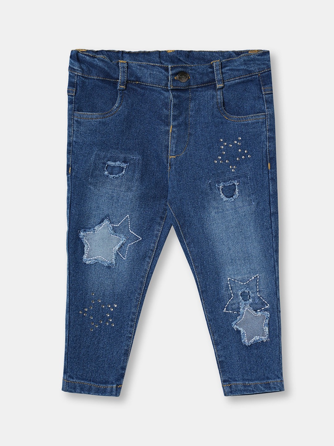 

R&B Infant Girls Mildly Distressed Embellished Light Fade Cotton Jeans, Blue