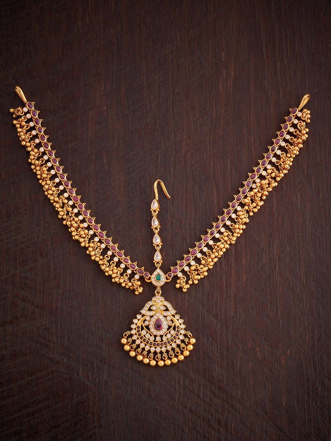 

Kushal's Fashion Jewellery Gold-Plated Stone-Sttuded & Beaded Matha Patti