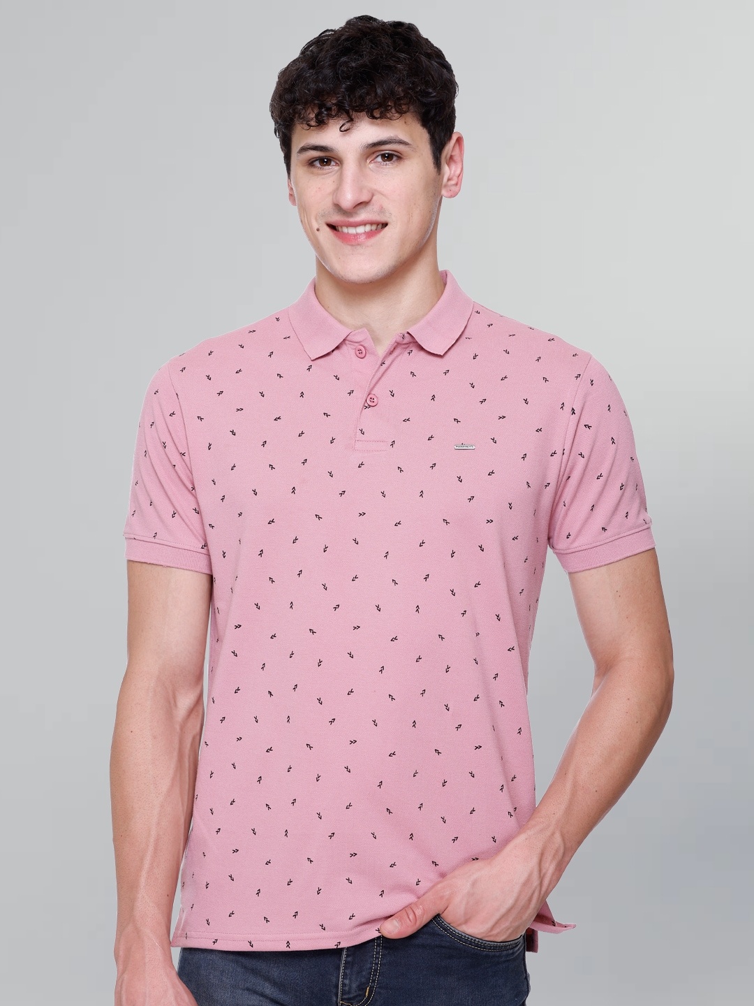 

GODFREY Conversational Printed Polo Collar Cotton Casual T-Shirt, Pink