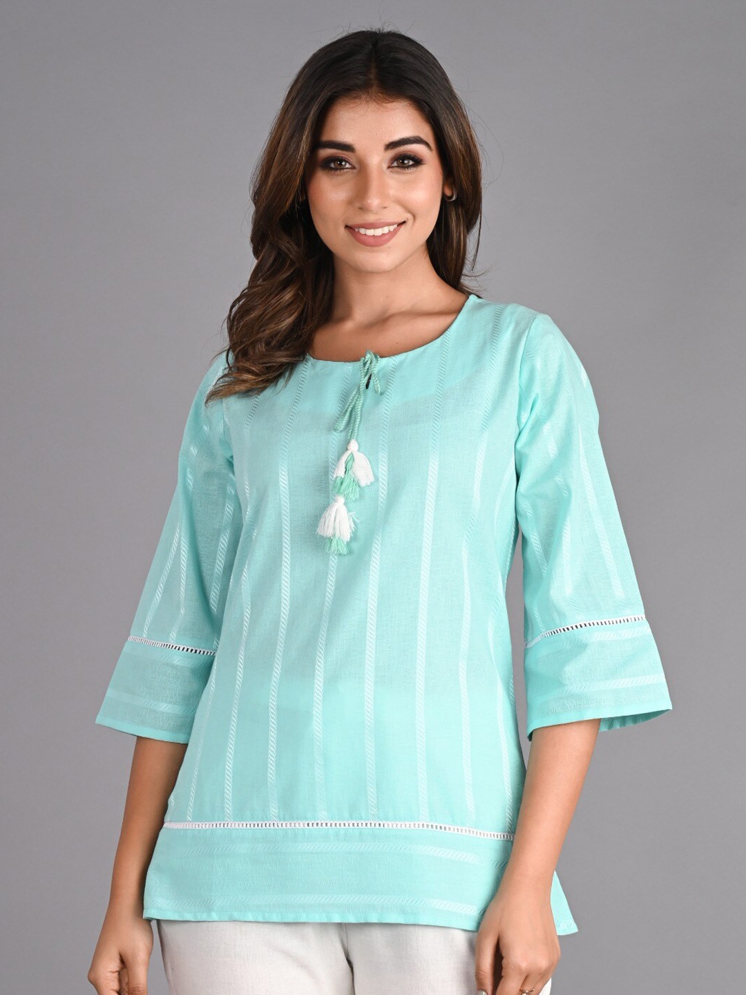 

Do Dhaage Striped Tie-Up Neck Cut Out Detailed Cotton Top, Turquoise blue