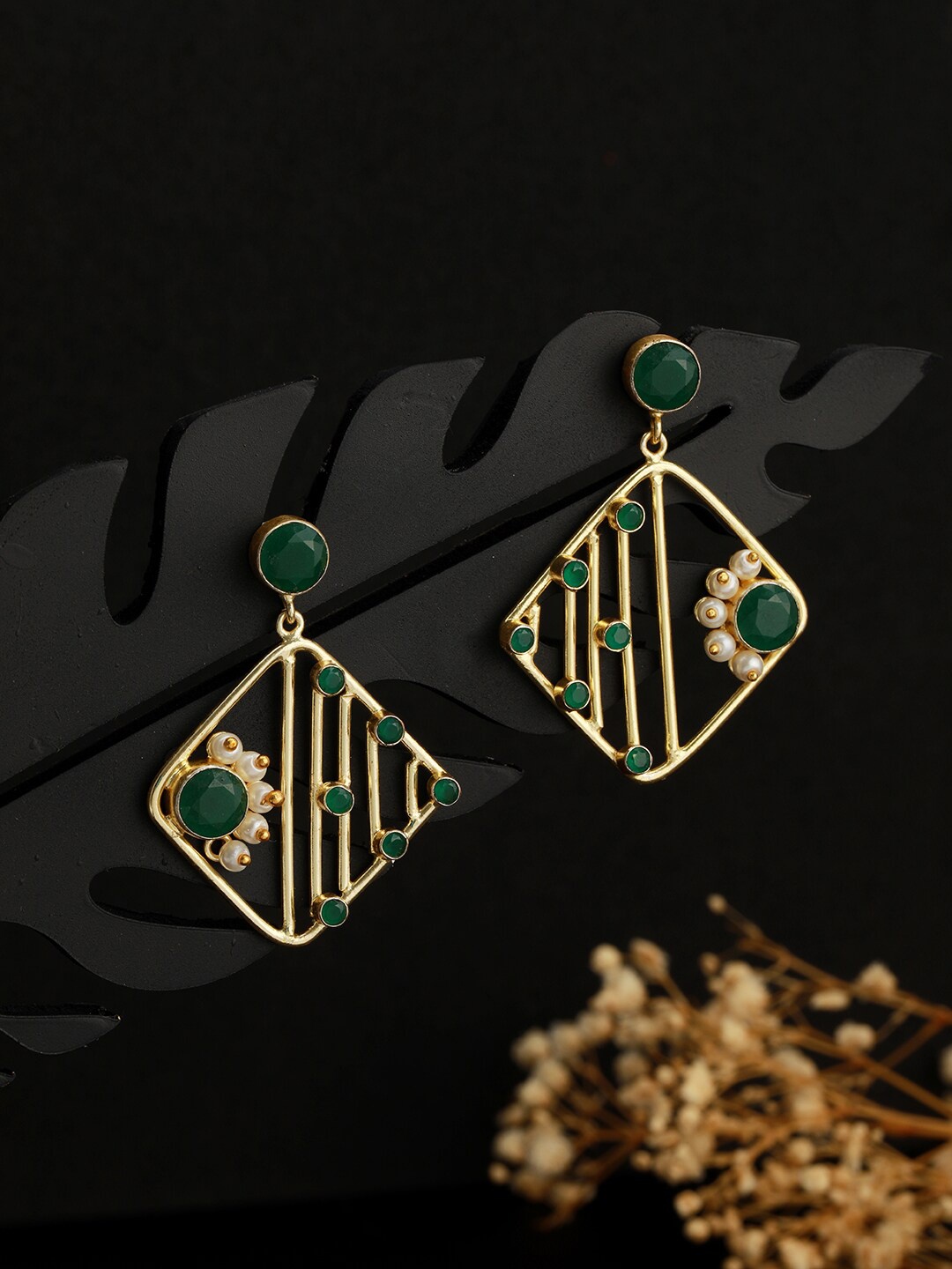 

Saraf RS Jewellery Gold-Plated Stone Studded Square Drop Earrings