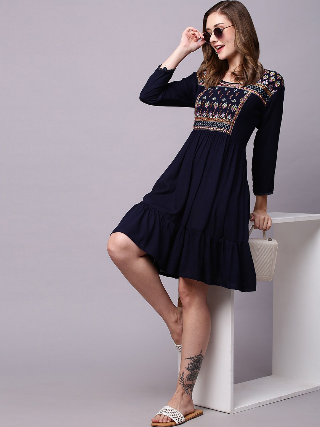 

INDYES Ethnic Motifs Embroidered A-line Ethnic Dress, Navy blue