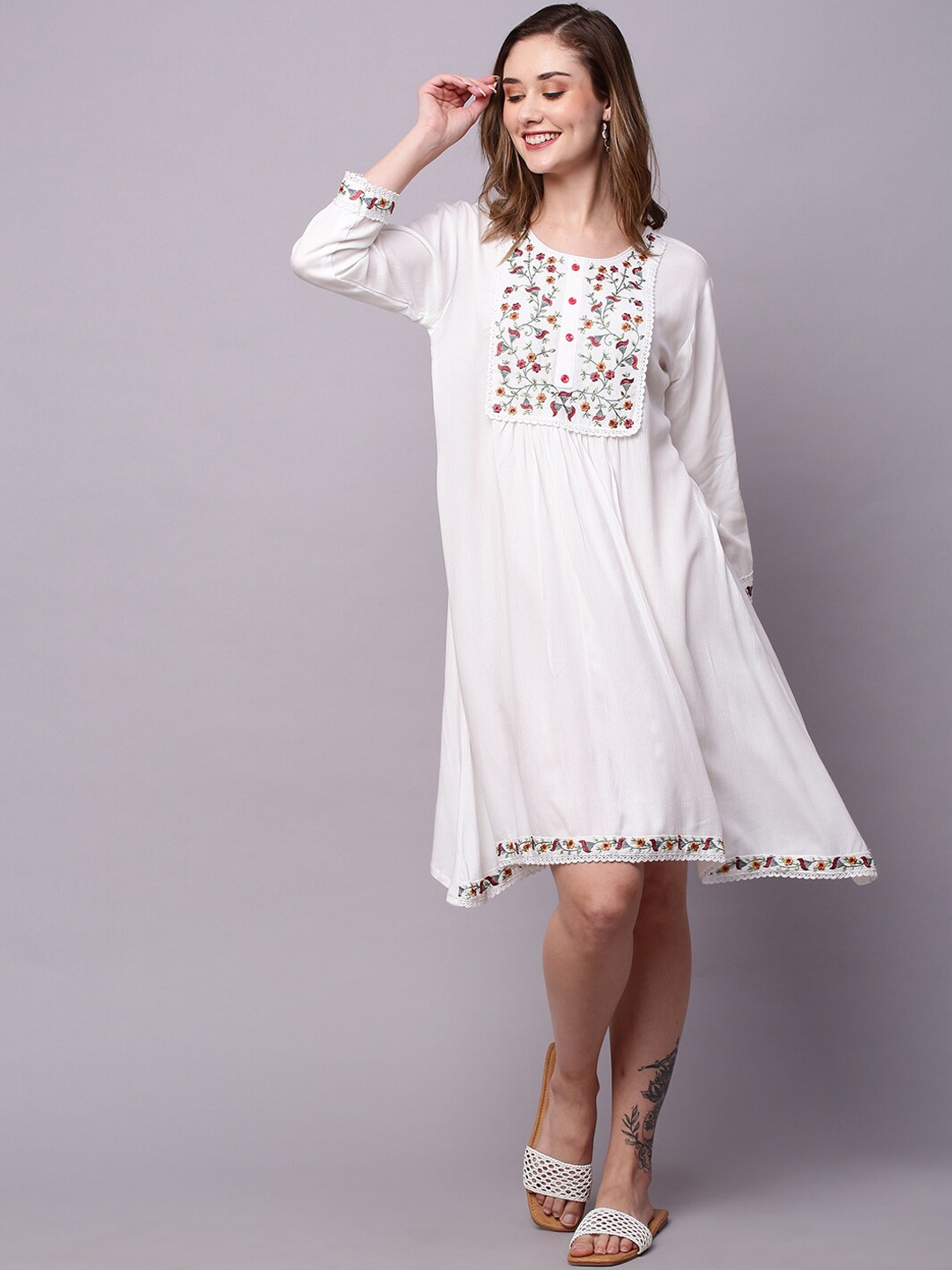 

INDYES Embroidered A-Line Ethnic Dress, White