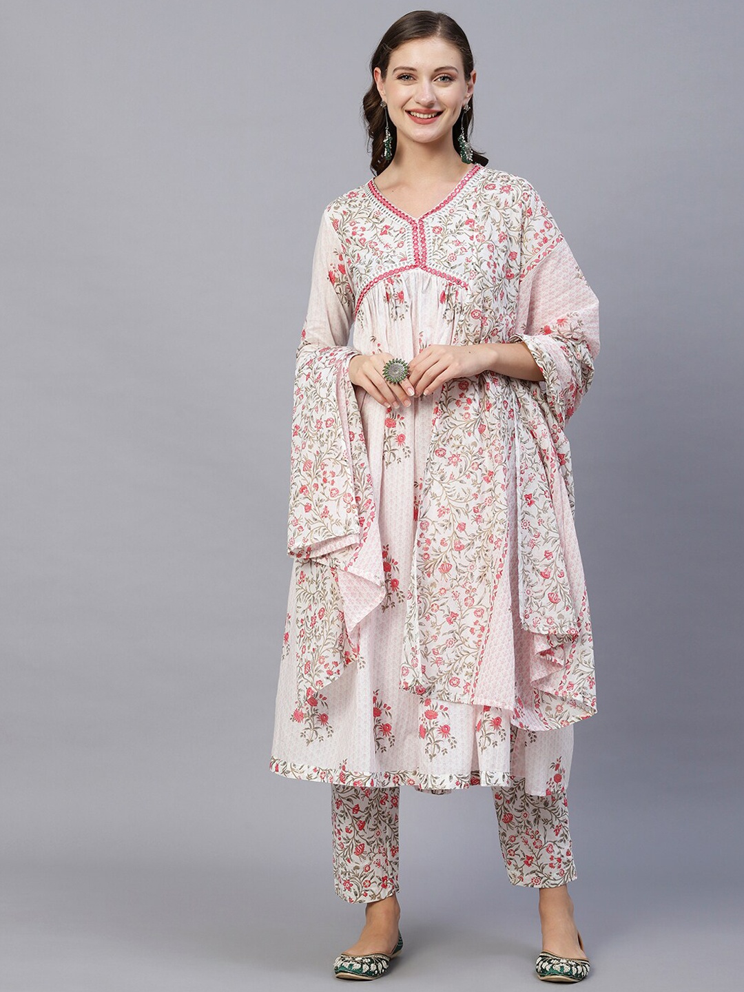 

FASHOR Peach Pink Floral Printed Empire Pure Cotton Kurta with Trousers & With Dupatta, White