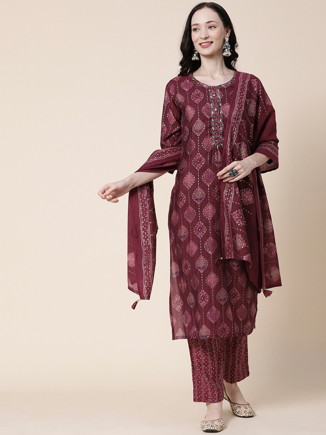 

FASHOR Maroon & White Ethnic Motifs Printed Mirror Work Kurta with Trousers & Dupatta