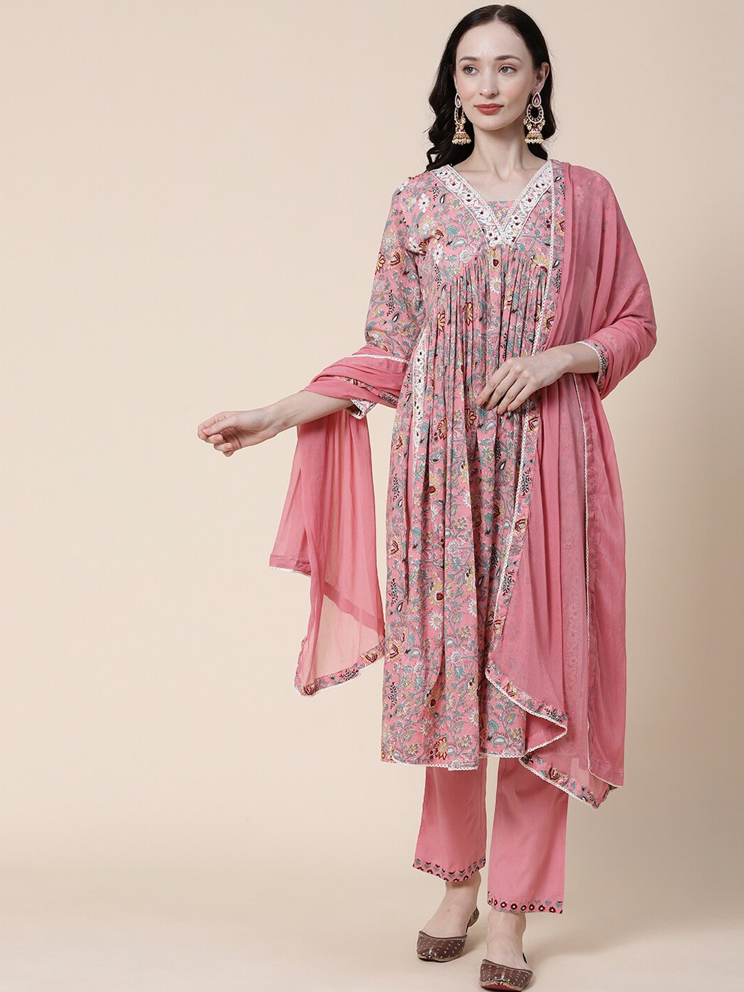 

FASHOR Pink & White Floral Printed Thread Work Pure Cotton Kurta with Trousers & Dupatta